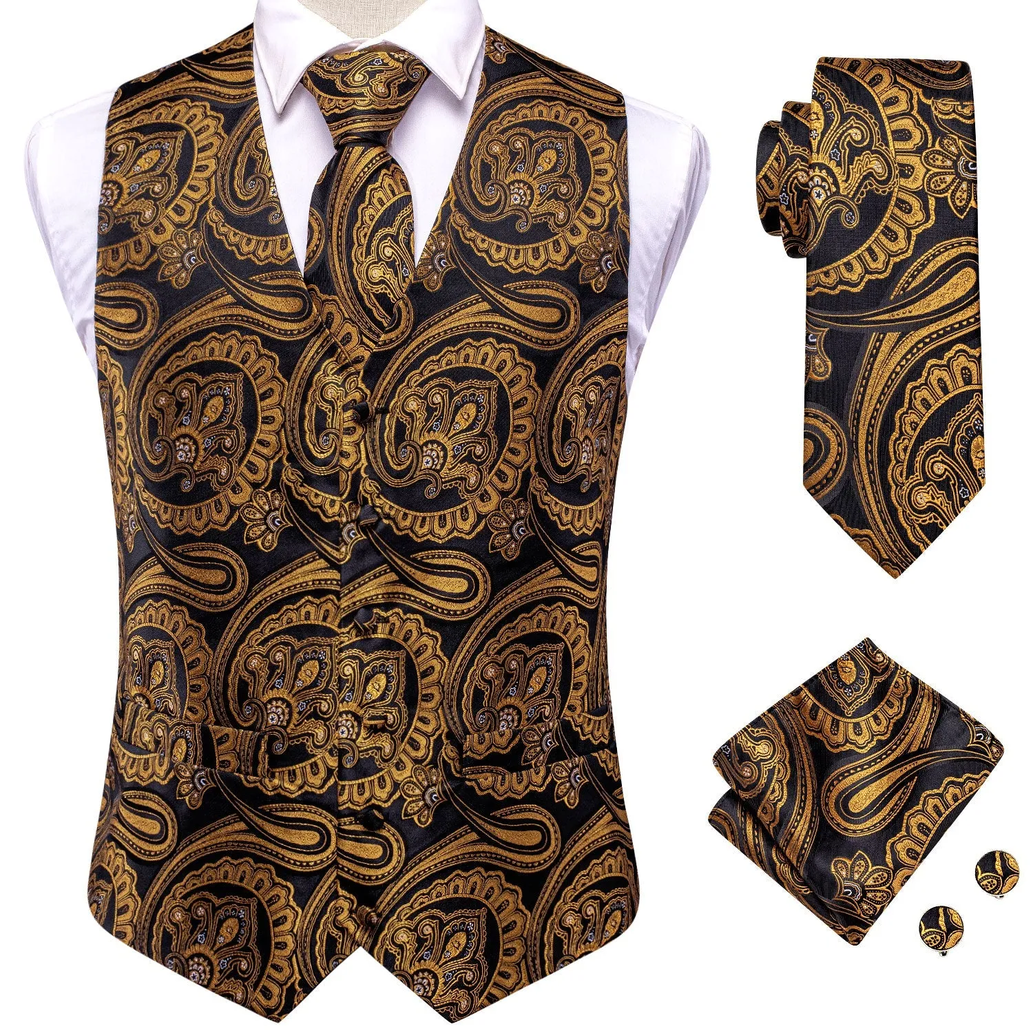 Luxury Black Golden Paisley Jacquard Silk Men's Vest Hanky Cufflinks Tie Set