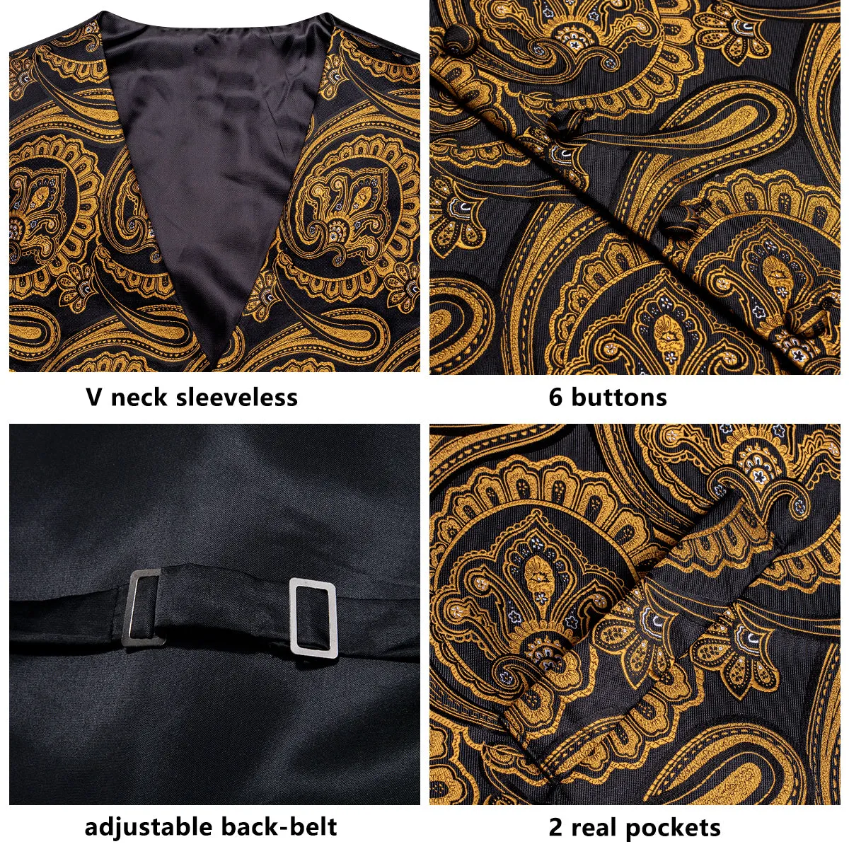 Luxury Black Golden Paisley Jacquard Silk Men's Vest Hanky Cufflinks Tie Set