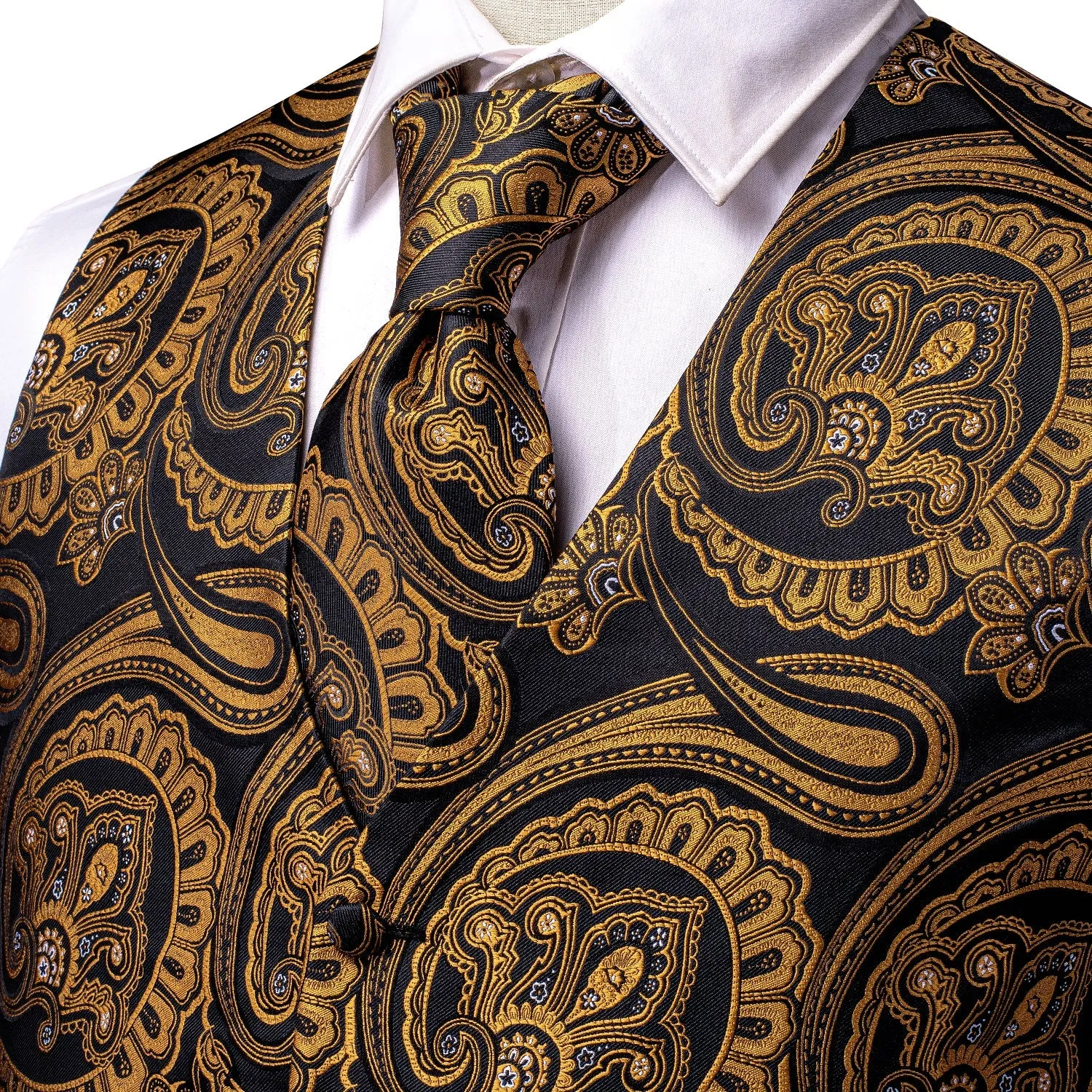 Luxury Black Golden Paisley Jacquard Silk Men's Vest Hanky Cufflinks Tie Set