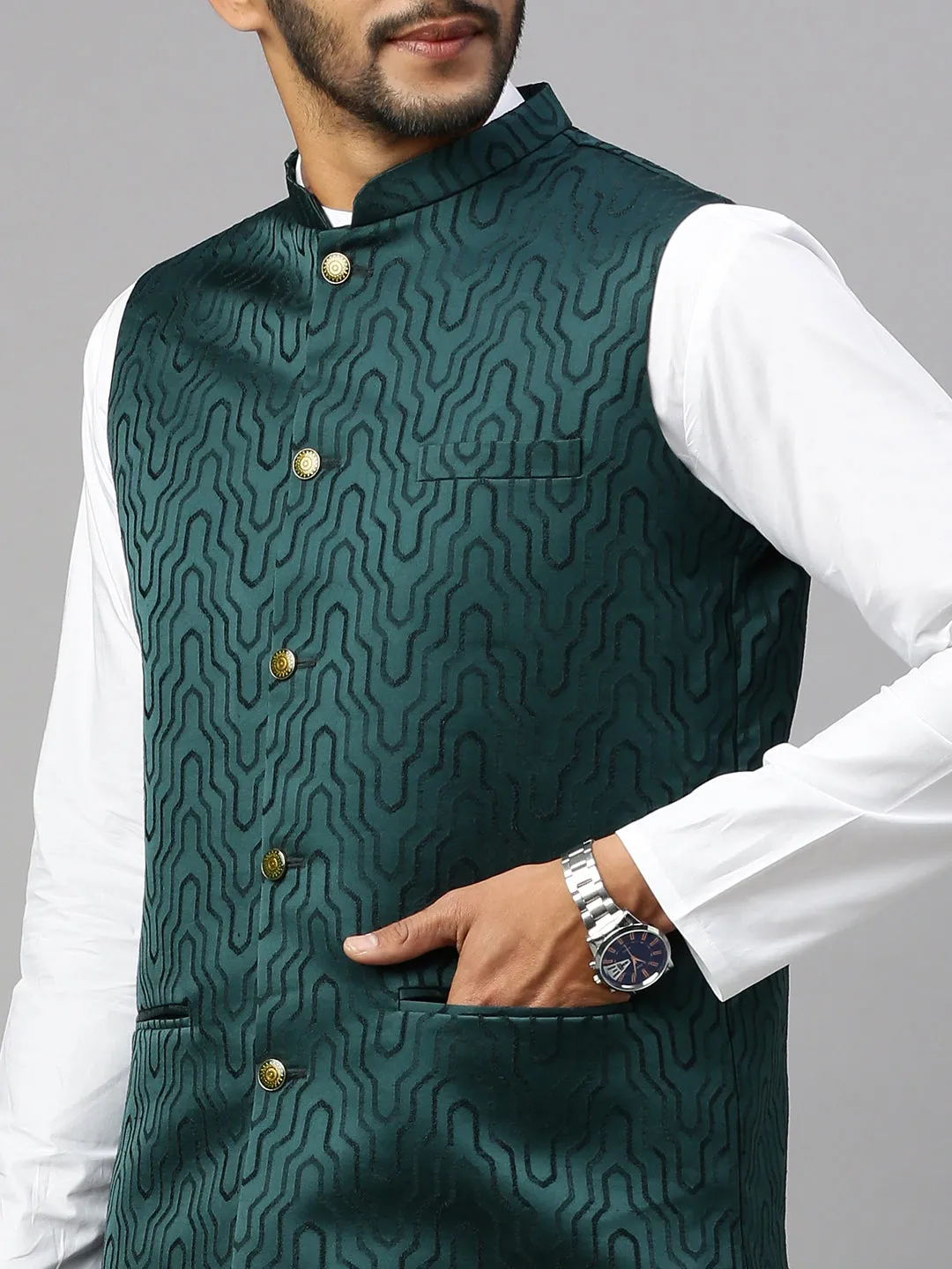 Men Printed Ethnic Jacket Dark Green JC5