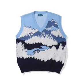 Men Sweater Vest Snow Mountain Embroidery Pattern Knitted Waistcoat Men's Loose Sleeveless Sweater Idle Style Vest