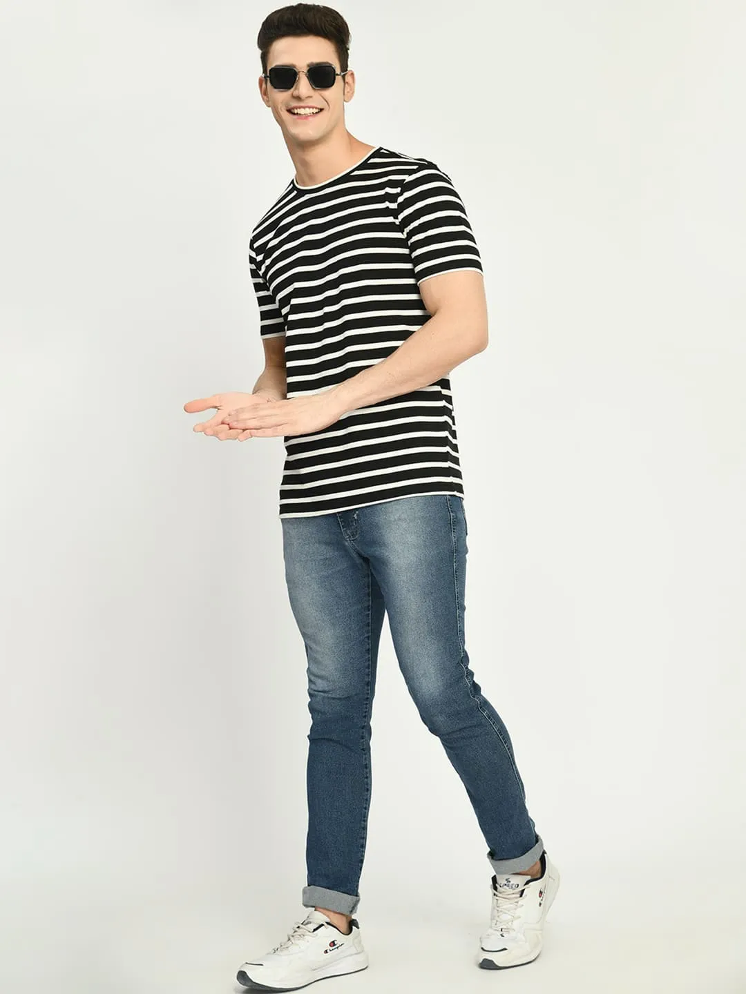 Men's Black White Striped Regular Fit T-Shirt