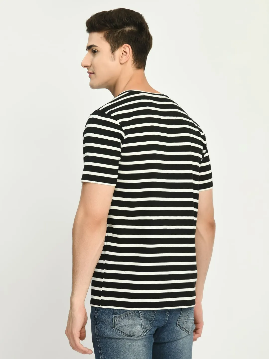 Men's Black White Striped Regular Fit T-Shirt