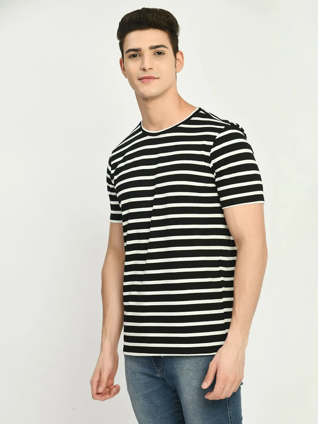 Men's Black White Striped Regular Fit T-Shirt