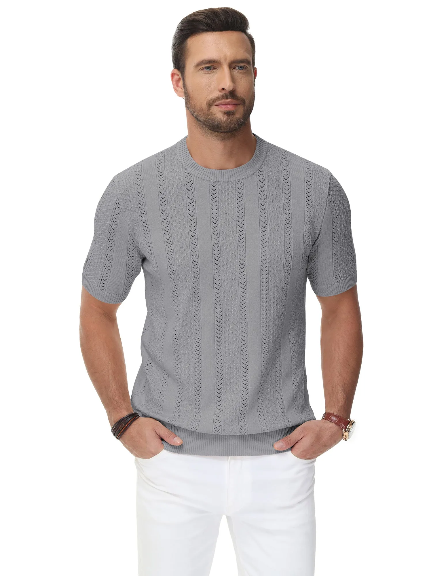 Men's Casual Knit Short Sleeve Crewneck Hollow Out Knitted Pullover T-Shirts