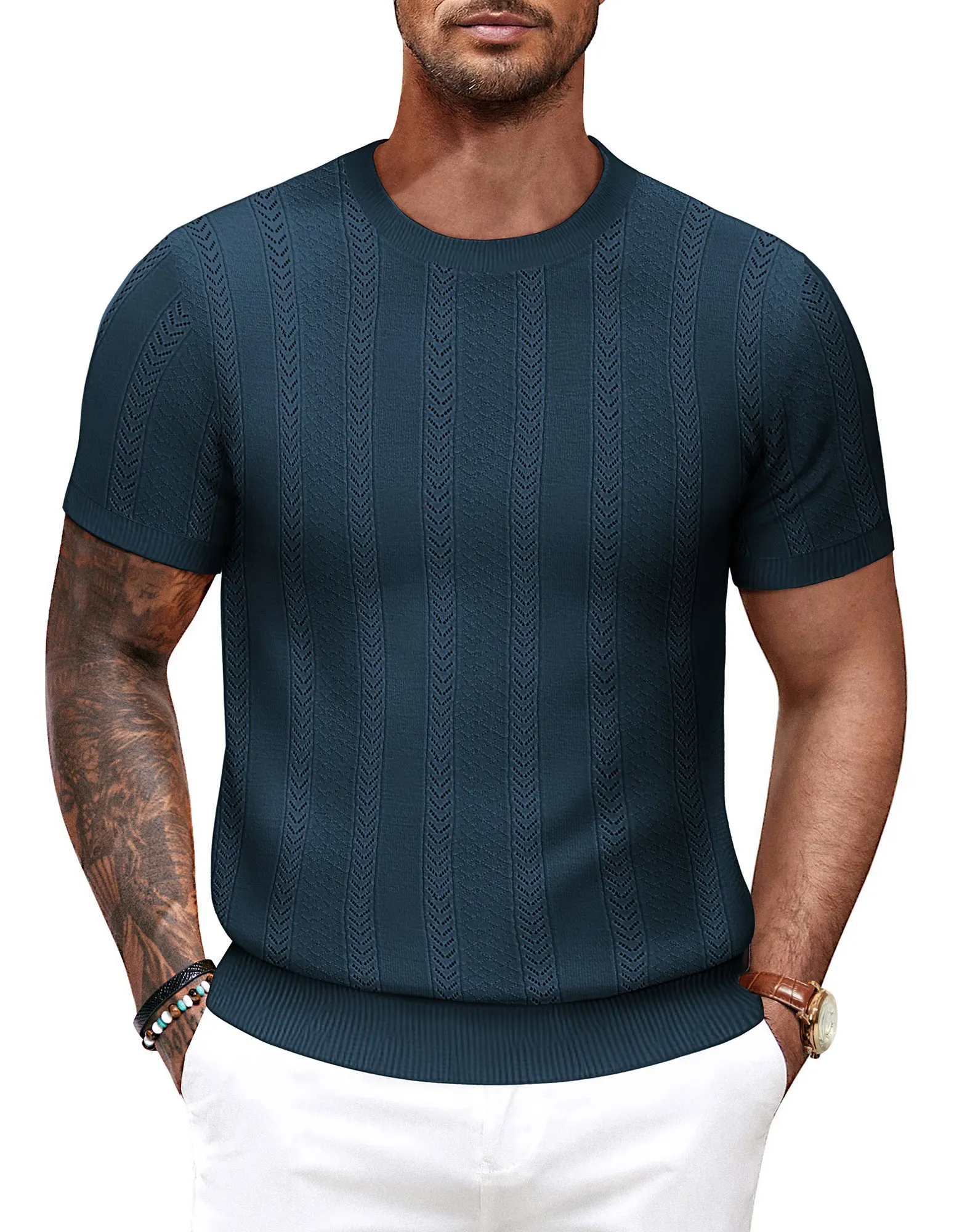 Men's Casual Knit Short Sleeve Crewneck Hollow Out Knitted Pullover T-Shirts