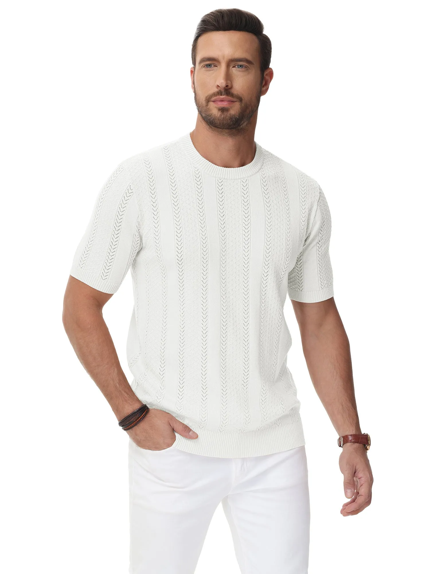 Men's Casual Knit Short Sleeve Crewneck Hollow Out Knitted Pullover T-Shirts