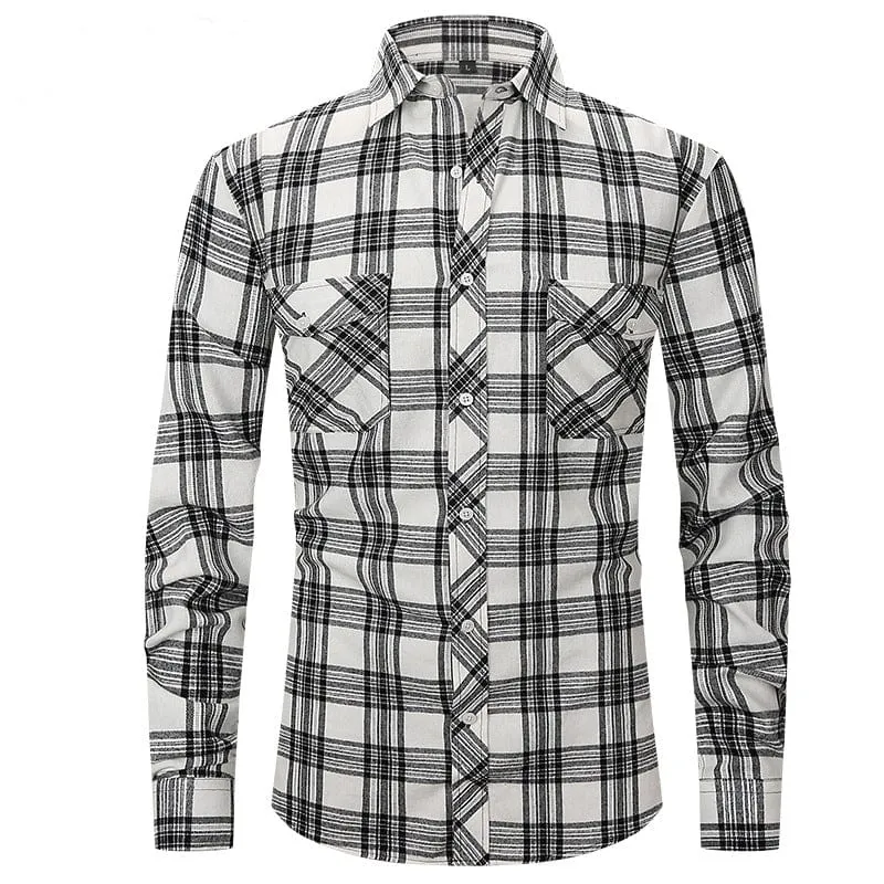 Men's Long Sleeve Double Pocket Flannel Plaid Shirt