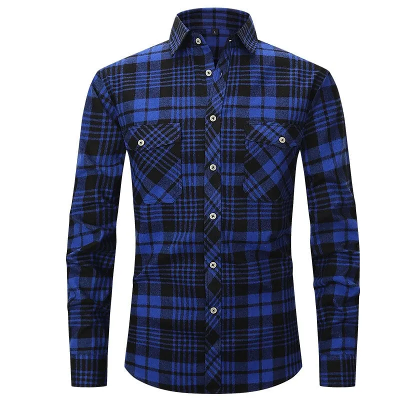 Men's Long Sleeve Double Pocket Flannel Plaid Shirt