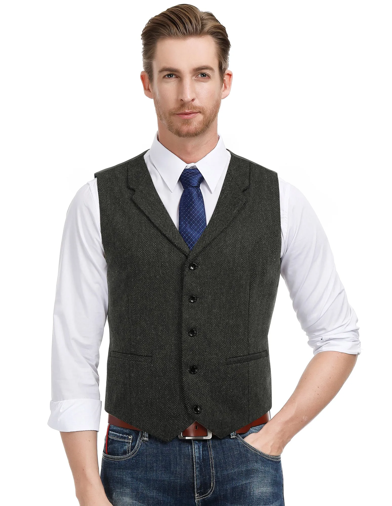 Mens Western Herringbone Suit Vest Tweed Wool Blend Slim Fit Waistcoats