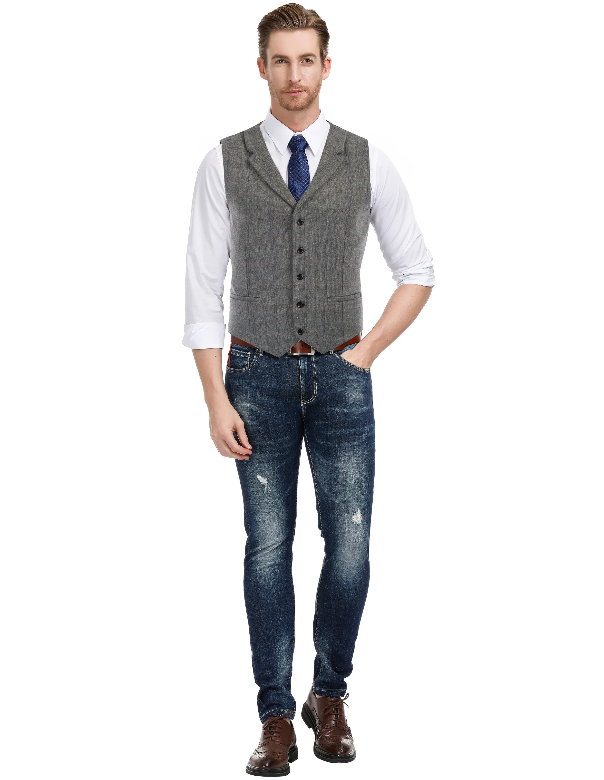 Mens Western Herringbone Suit Vest Tweed Wool Blend Slim Fit Waistcoats