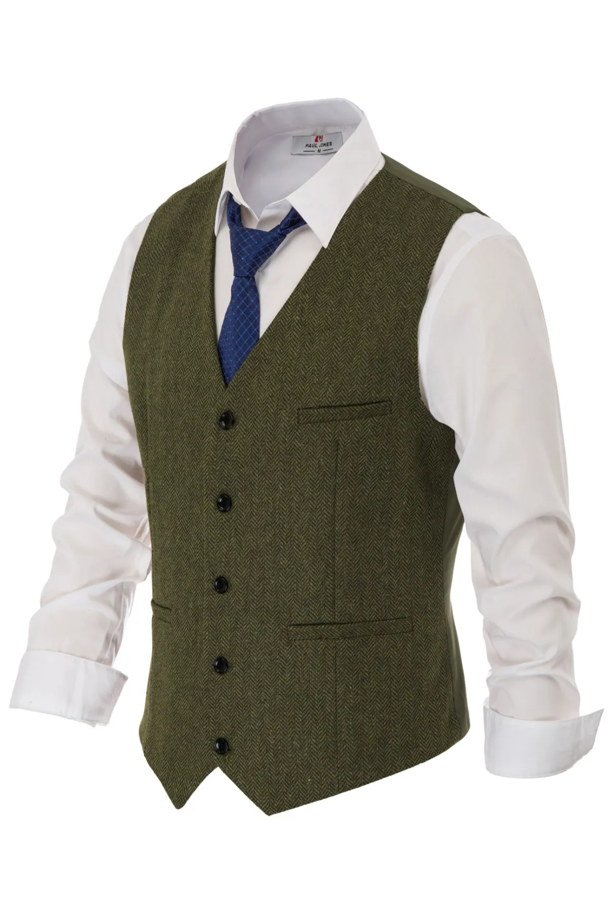 Men's Western Herringbone Tweed Suit Vest Wool Blend V Neck Slim Fit Waistcoat