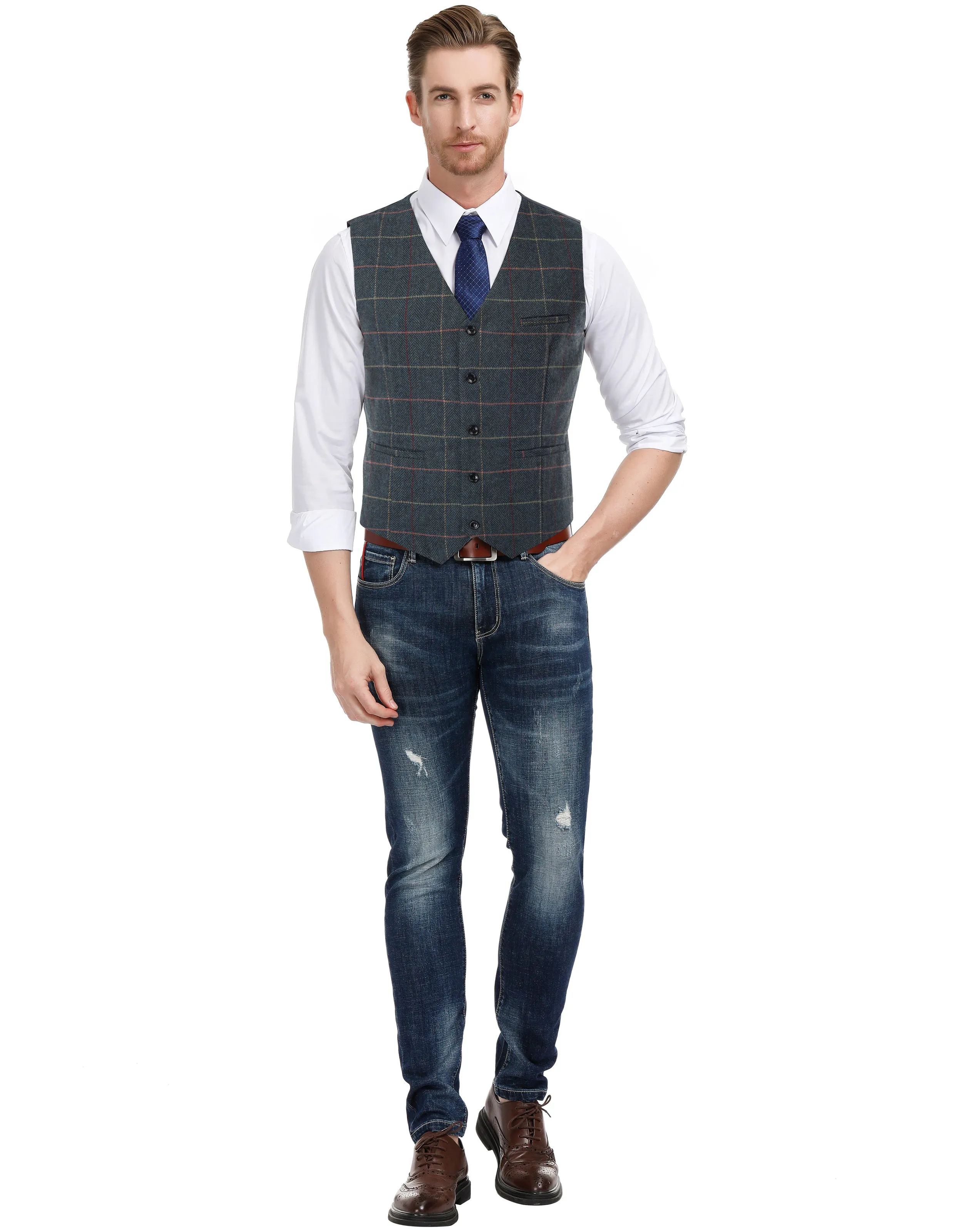 Men's Western Herringbone Tweed Suit Vest Wool Blend V Neck Slim Fit Waistcoat