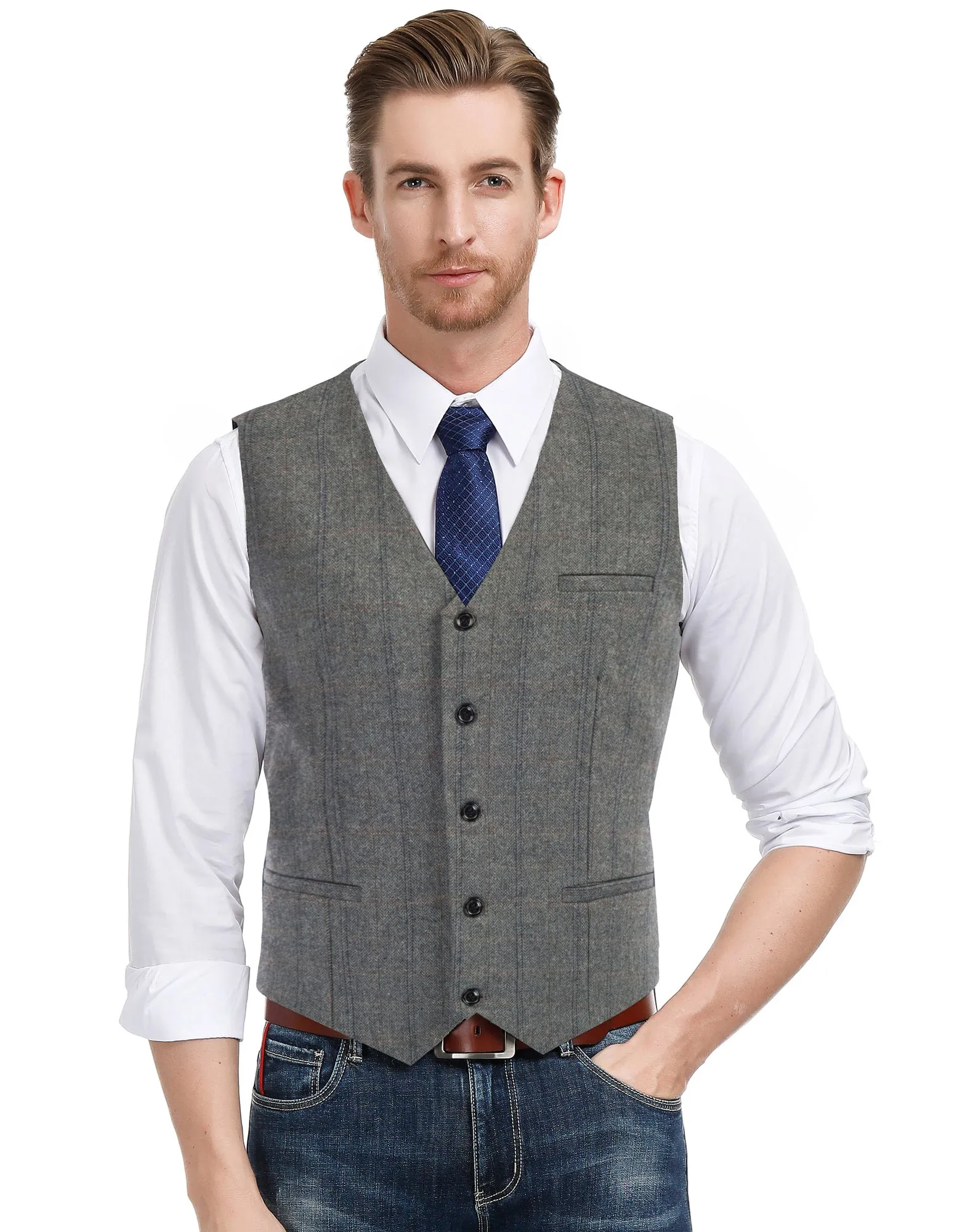 Men's Western Herringbone Tweed Suit Vest Wool Blend V Neck Slim Fit Waistcoat