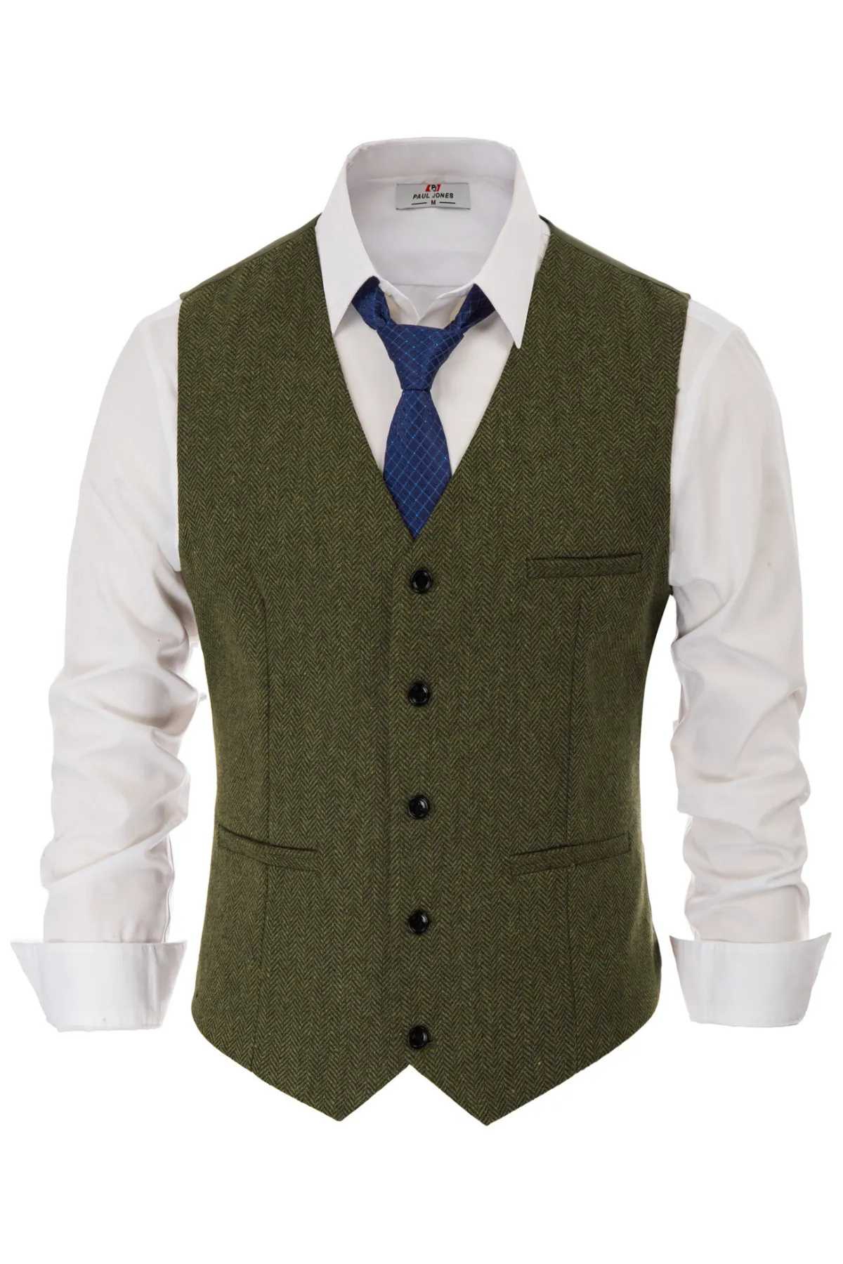 Men's Western Herringbone Tweed Suit Vest Wool Blend V Neck Slim Fit Waistcoat