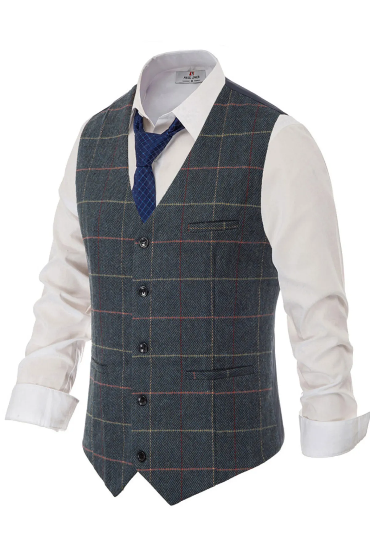 Men's Western Herringbone Tweed Suit Vest Wool Blend V Neck Slim Fit Waistcoat