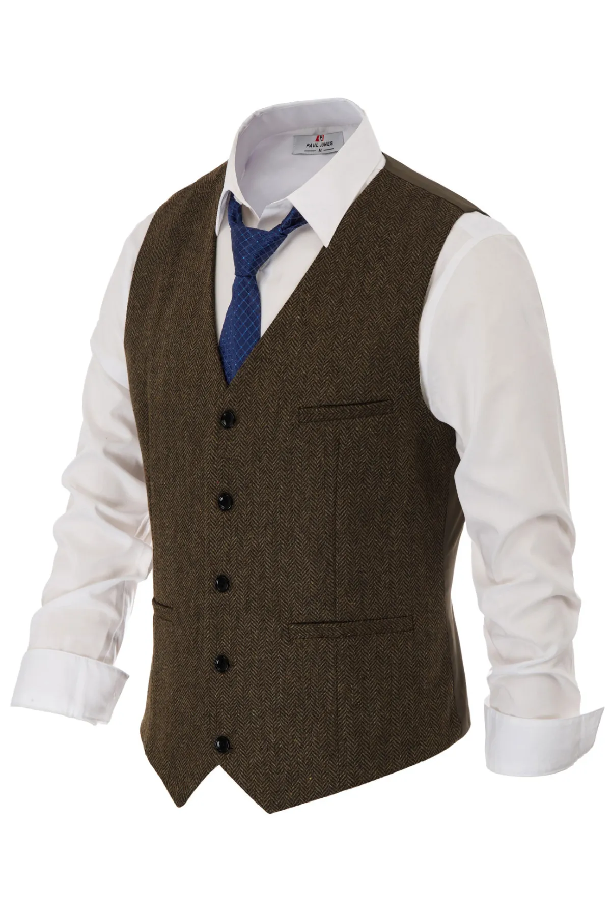 Men's Western Herringbone Tweed Suit Vest Wool Blend V Neck Slim Fit Waistcoat