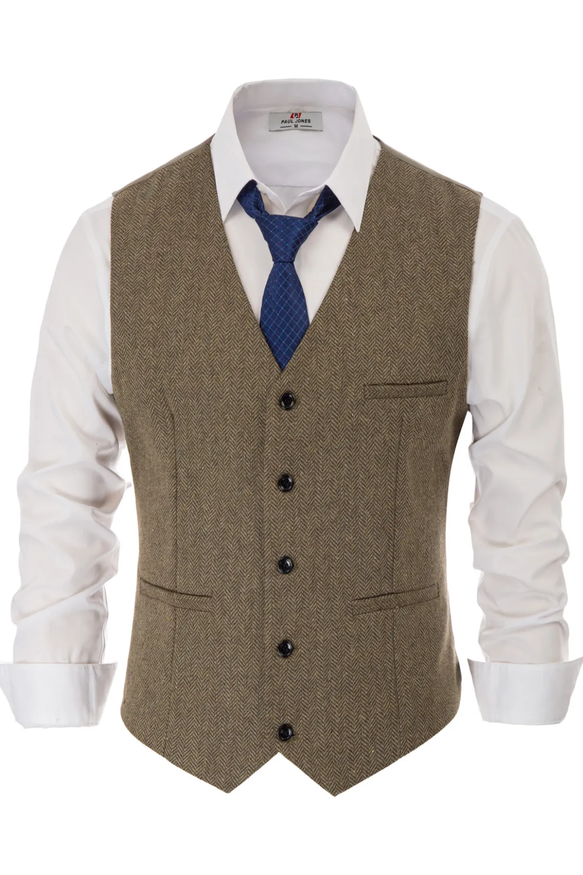 Men's Western Herringbone Tweed Suit Vest Wool Blend V Neck Slim Fit Waistcoat