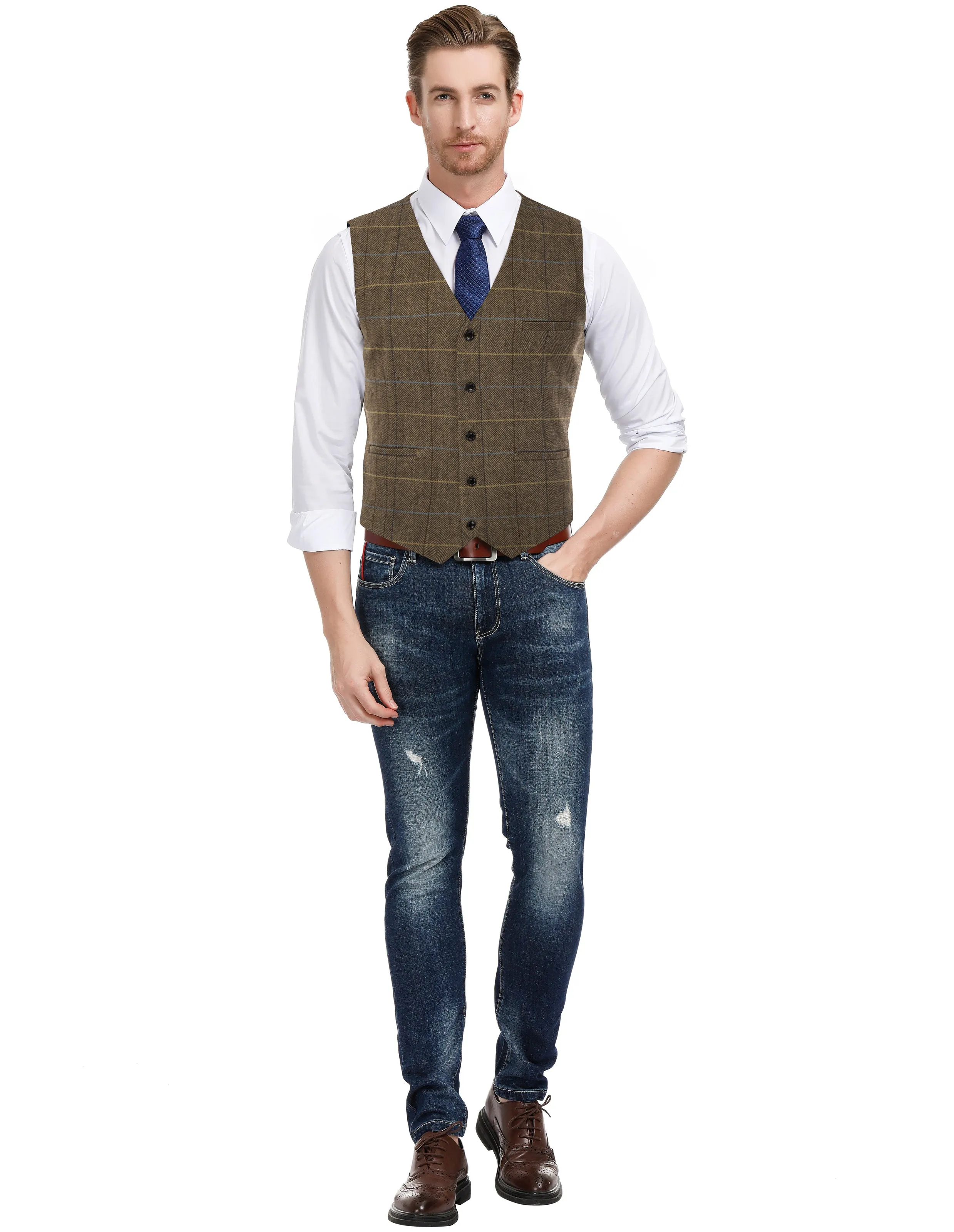 Men's Western Herringbone Tweed Suit Vest Wool Blend V Neck Slim Fit Waistcoat