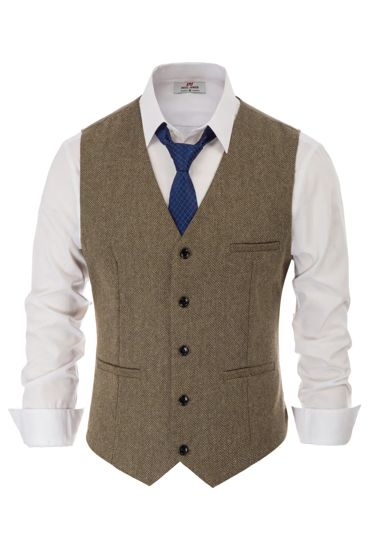 Men's Western Herringbone Tweed Suit Vest Wool Blend V Neck Slim Fit Waistcoat