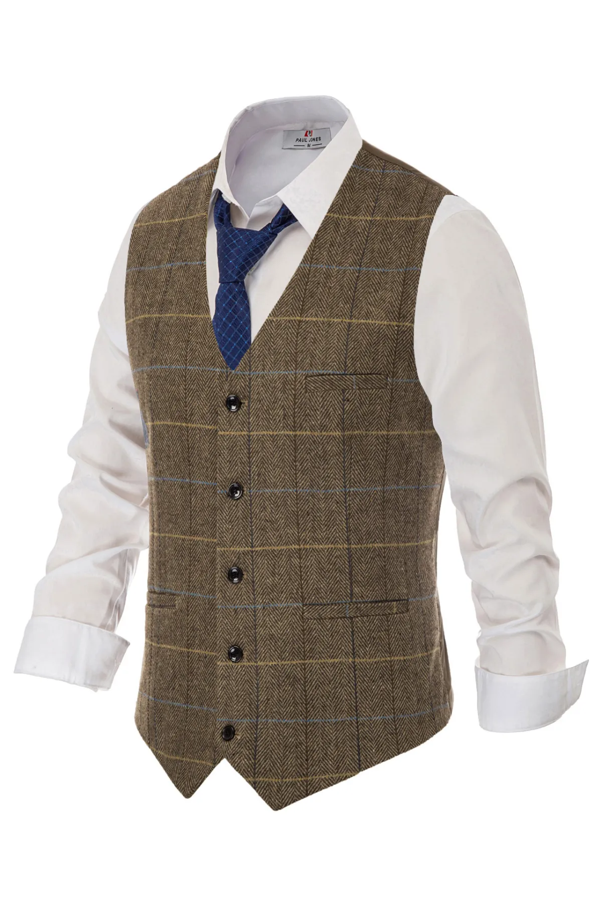 Men's Western Herringbone Tweed Suit Vest Wool Blend V Neck Slim Fit Waistcoat