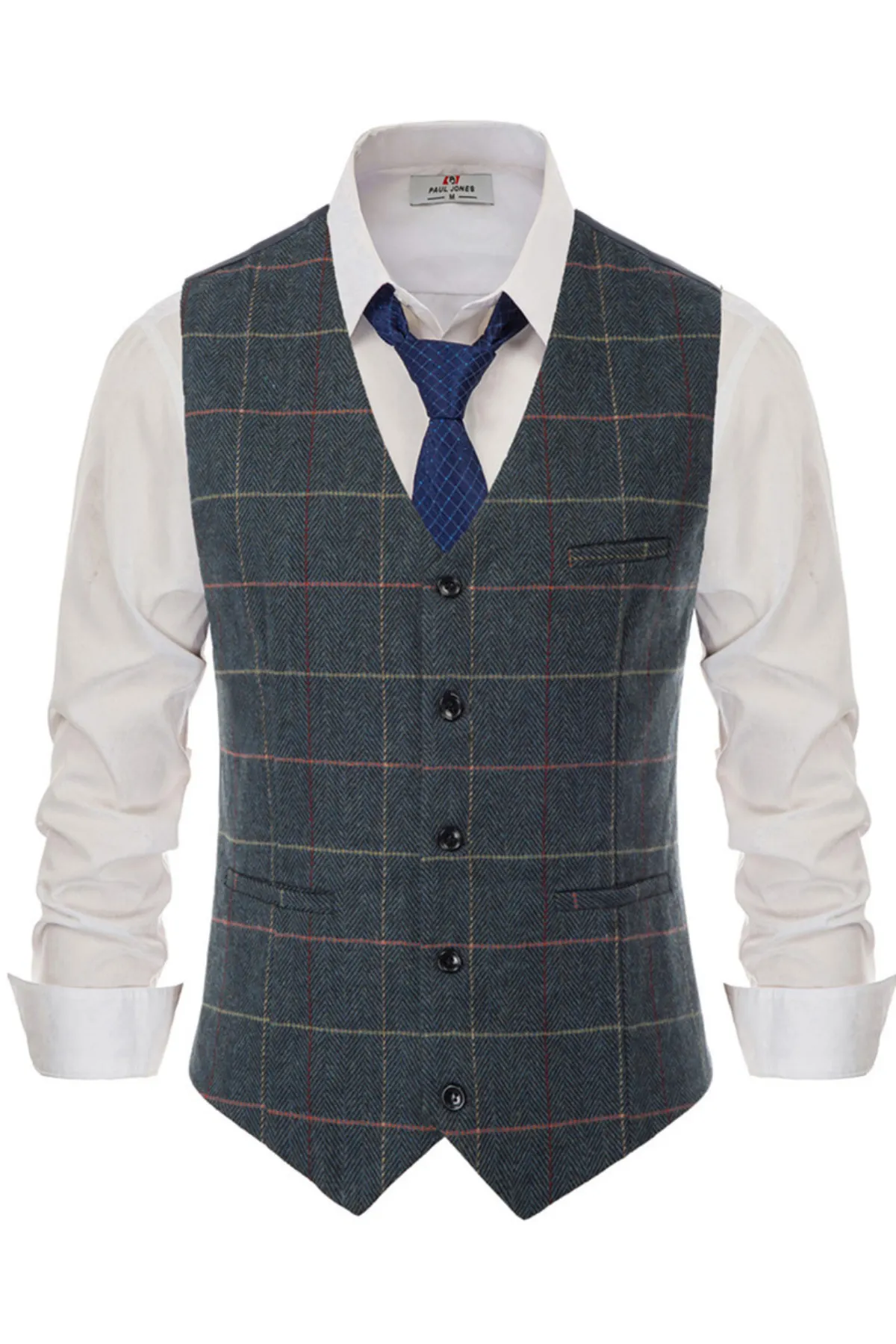 Men's Western Herringbone Tweed Suit Vest Wool Blend V Neck Slim Fit Waistcoat