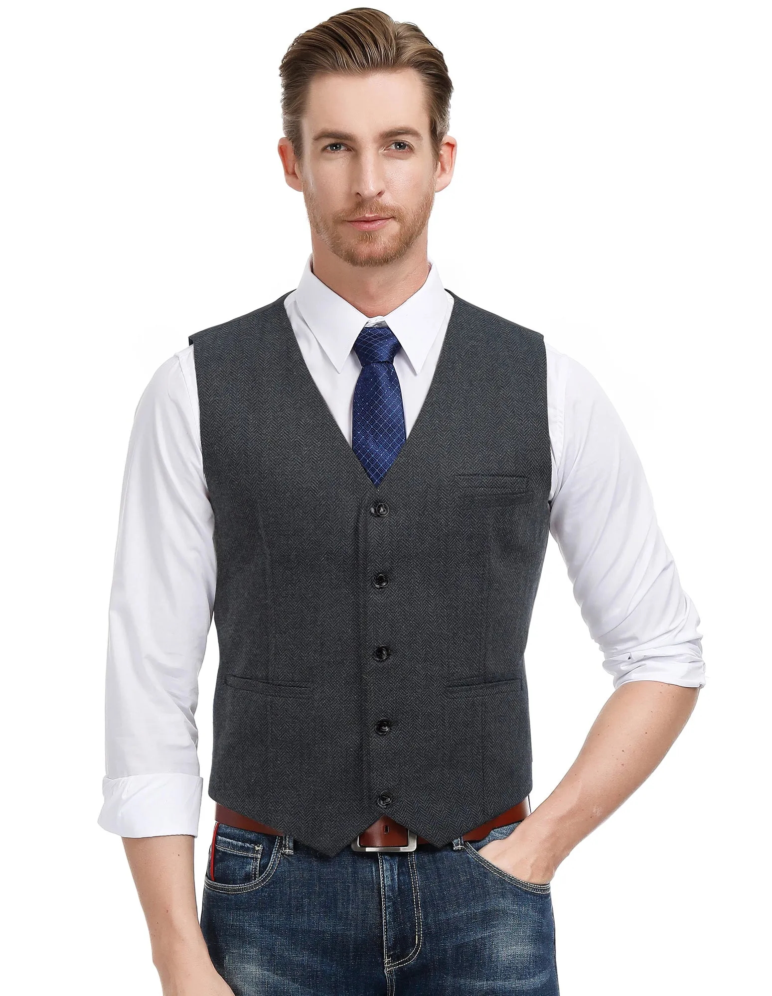 Men's Western Herringbone Tweed Suit Vest Wool Blend V Neck Slim Fit Waistcoat