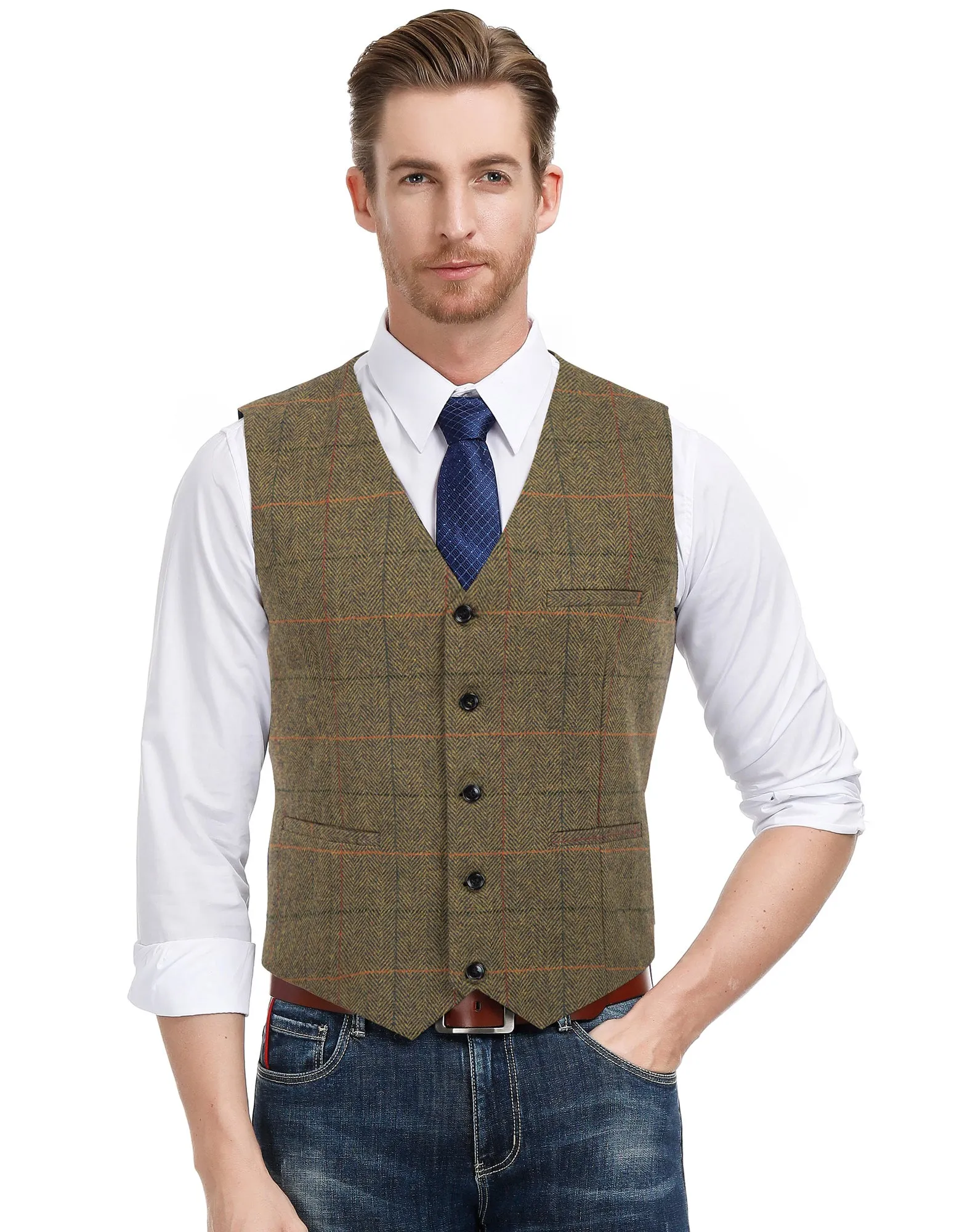 Men's Western Herringbone Tweed Suit Vest Wool Blend V Neck Slim Fit Waistcoat