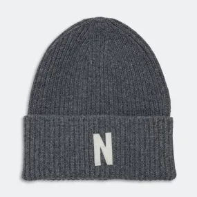 Merino Lambswool Rib N Logo Beanie - Grey Melange