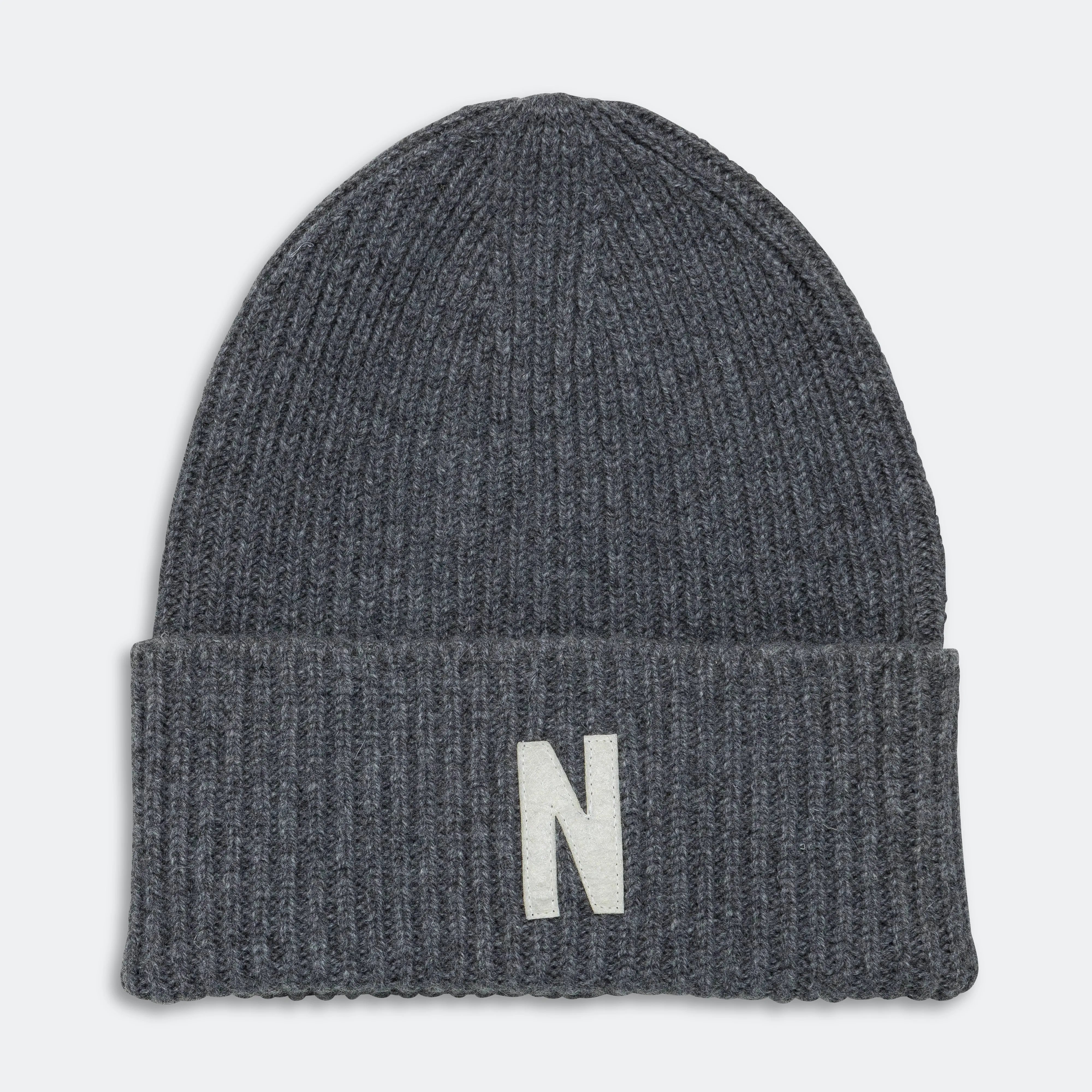 Merino Lambswool Rib N Logo Beanie - Grey Melange