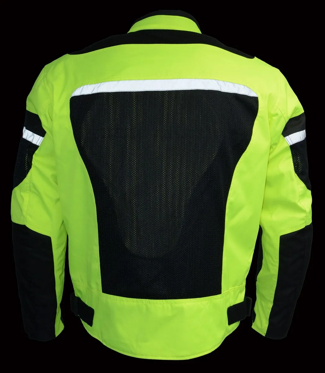 Milwaukee Leather MPM1794 High Vis Green Armored Mesh Racer Jacket with Reflective Piping for Men - All Season Jacket