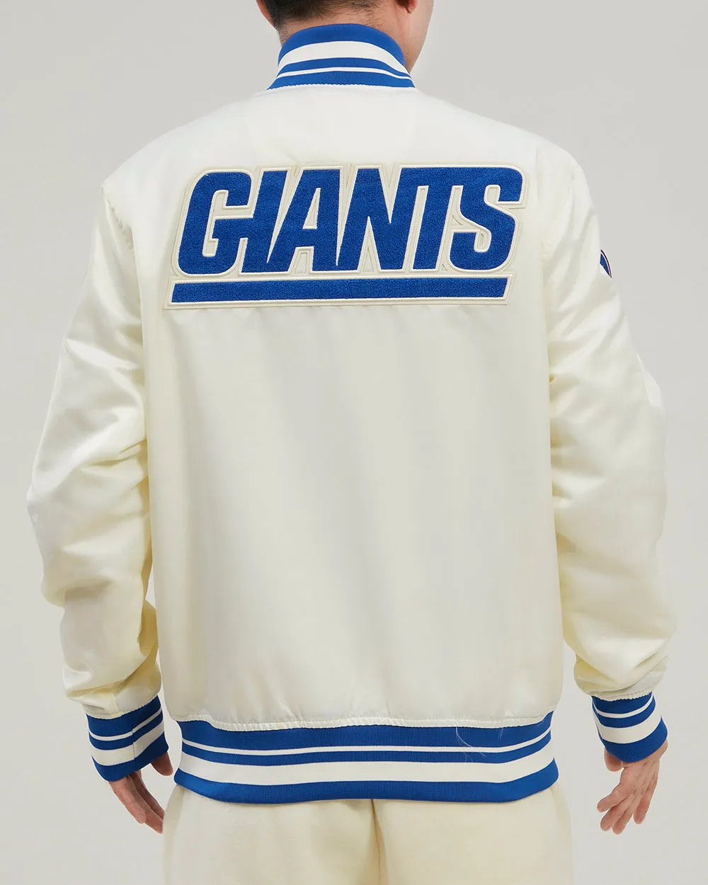 NFL NEW YORK GIANTS RETRO CLASSIC MEN'S RIB SATIN JACKET (EGGSHELL/DODGER BLUE)