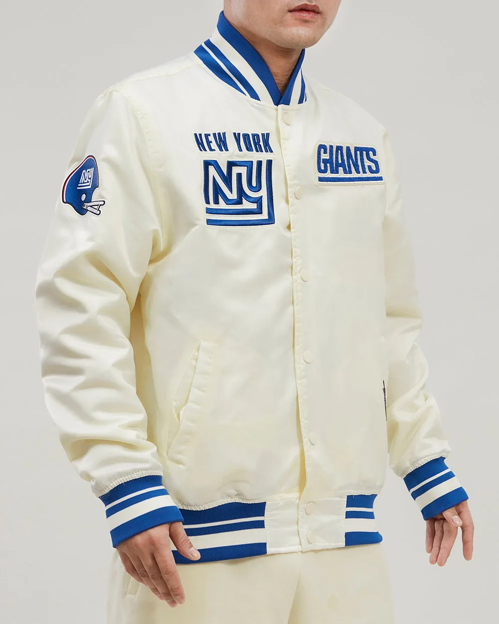 NFL NEW YORK GIANTS RETRO CLASSIC MEN'S RIB SATIN JACKET (EGGSHELL/DODGER BLUE)