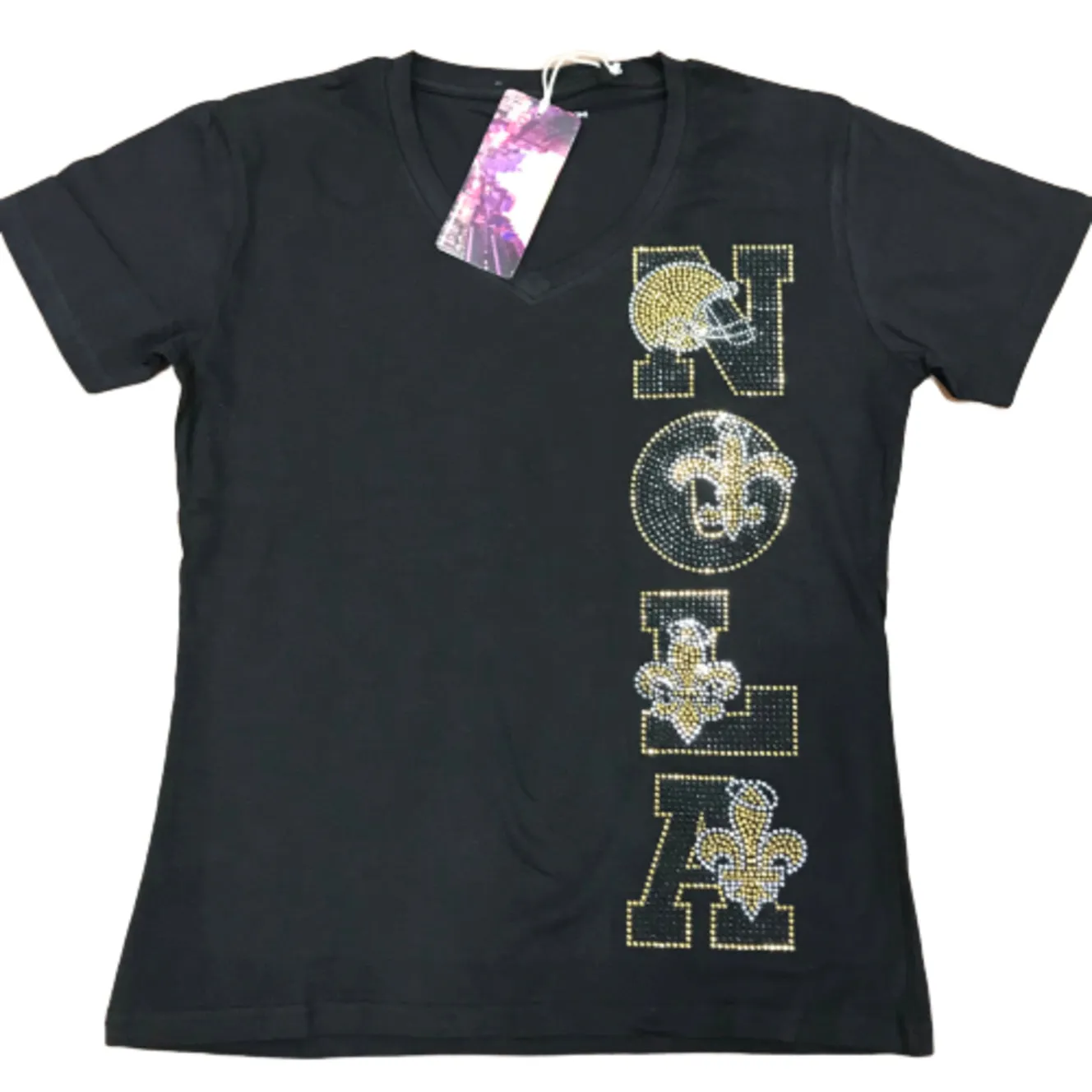 NOLA Rhinestone V-Neck Black Short Sleeve Ladies Shirt