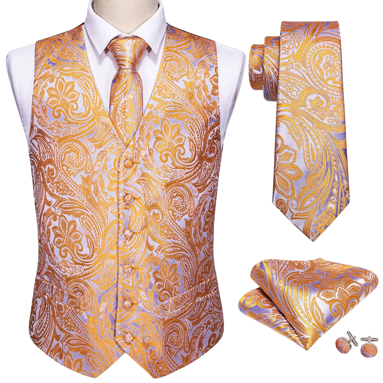 Orange Silver Paisley Jacquard Silk Men's Vest Hanky Cufflinks Tie Set