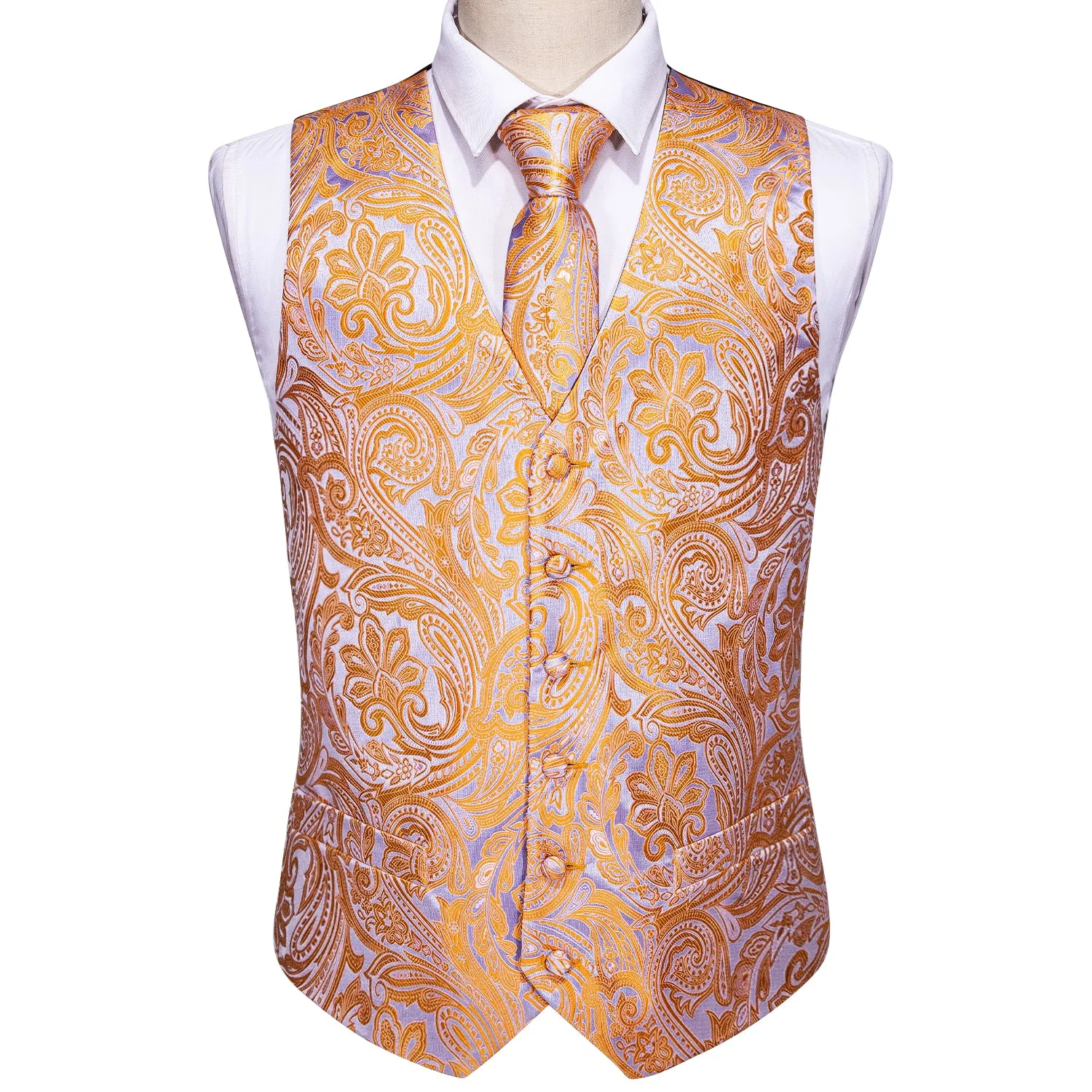 Orange Silver Paisley Jacquard Silk Men's Vest Hanky Cufflinks Tie Set