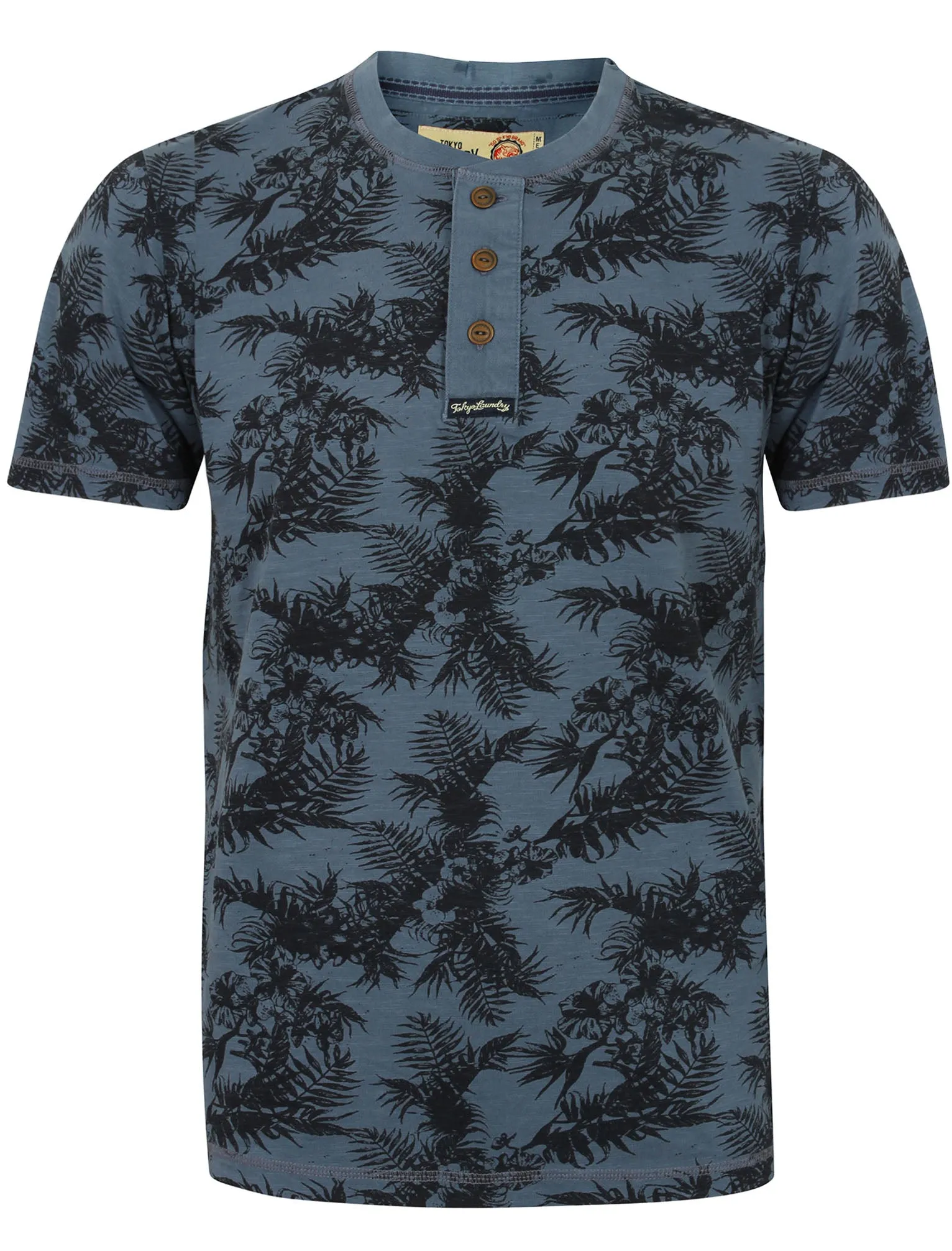 Otto Tropical Leaf Print Henley T-Shirt in Vintage Indigo - Tokyo Laundry