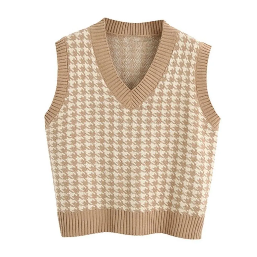 Oversized Hounds-tooth Knitted Sleeveless Sweater