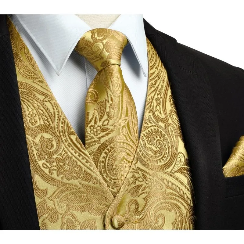 Paisley Floral 3pc Suit Vest Set - GOLD FLORAL