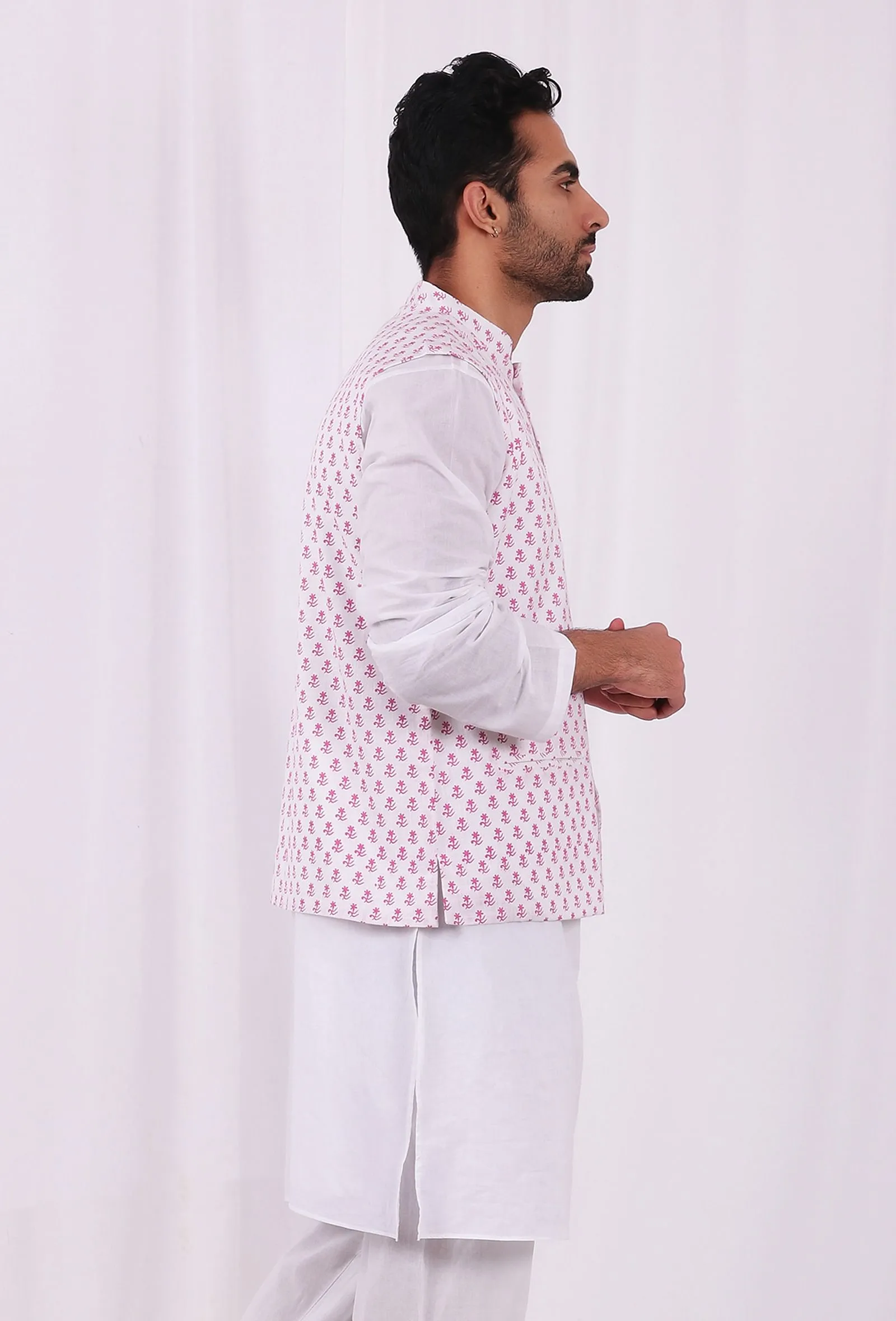 Pink Tiny Floral Motif Hand Block Nehru Jacket