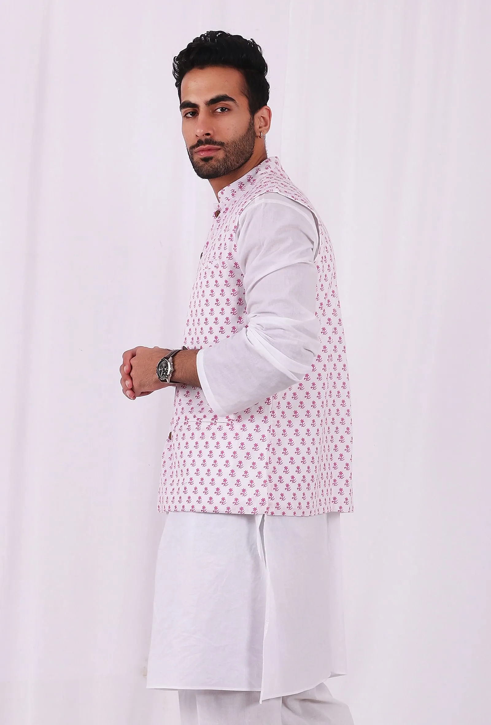 Pink Tiny Floral Motif Hand Block Nehru Jacket