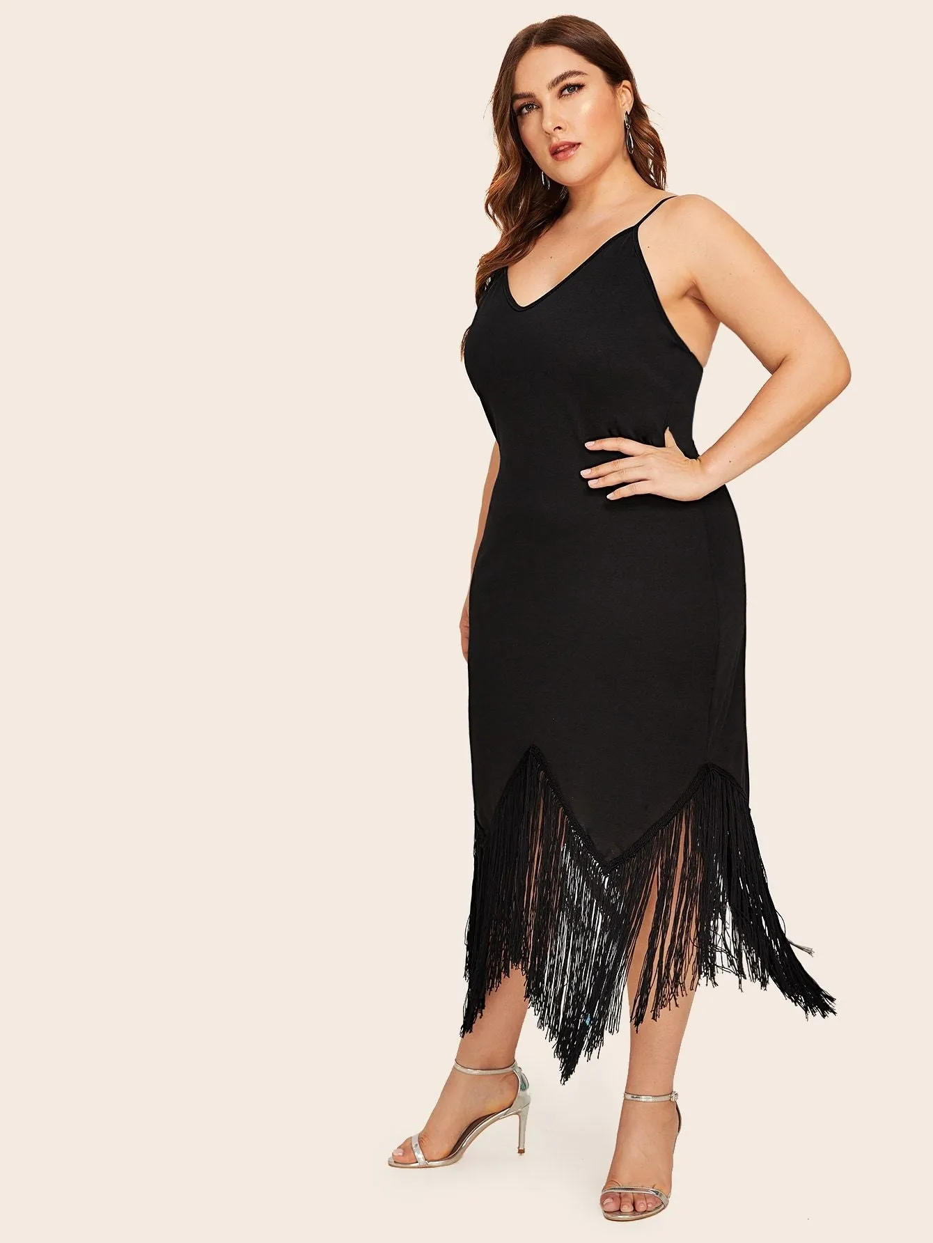 Plus Contrast Fringe Asymmetrical Hem Slim Cami Dress