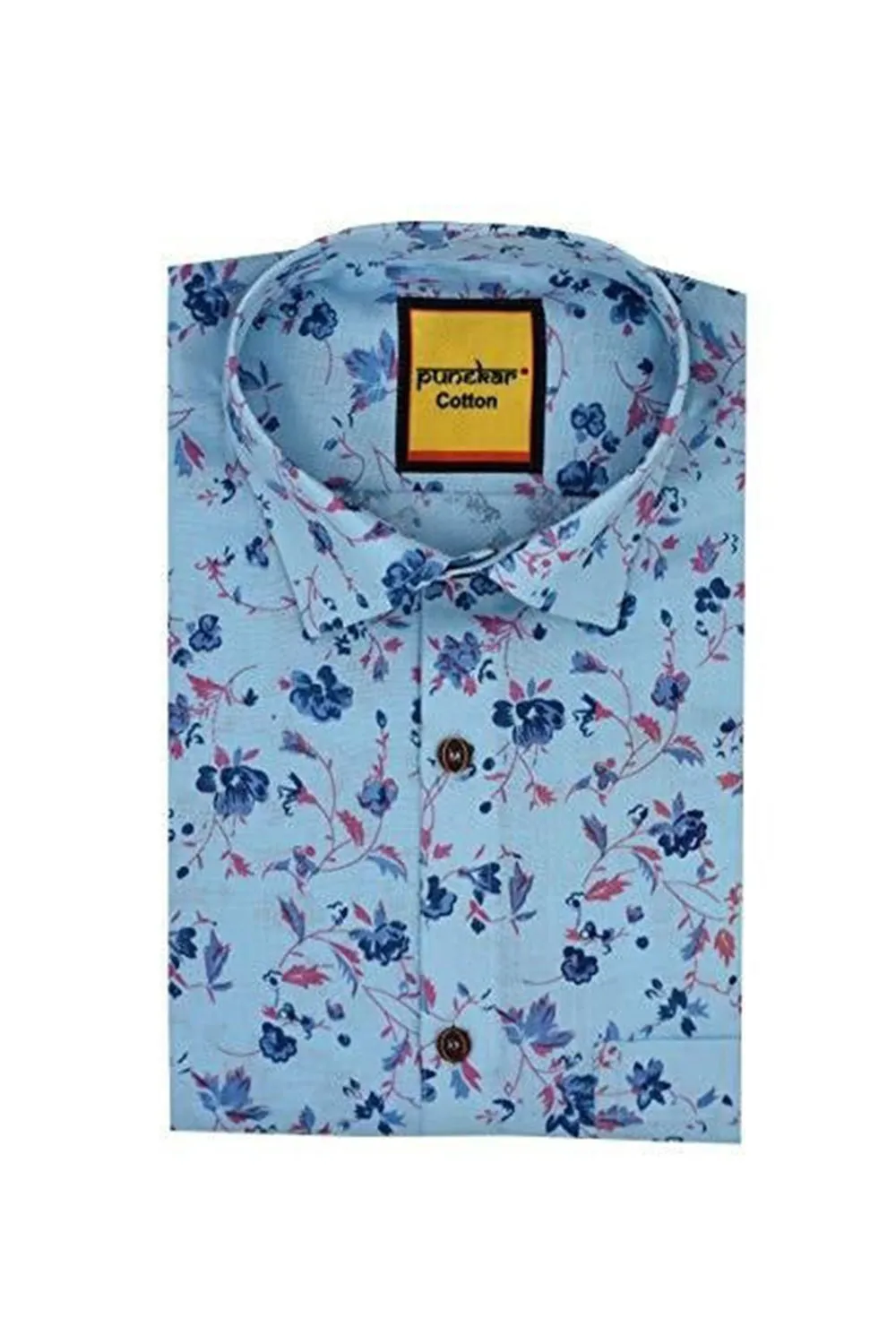 Punekar Cotton Blue Color Printed Pure Cotton Handmade Formal Shirt for Men's.