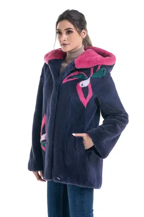 Purple Floral Patterned Genuine Hooded Mink Fur Coat