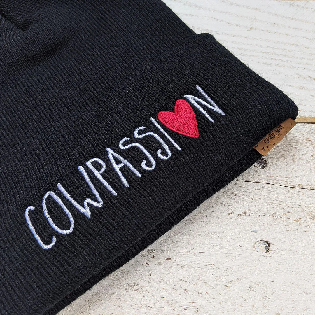 "Live with Cowpassion" Cuffed Beanie Vegan Cow Hat