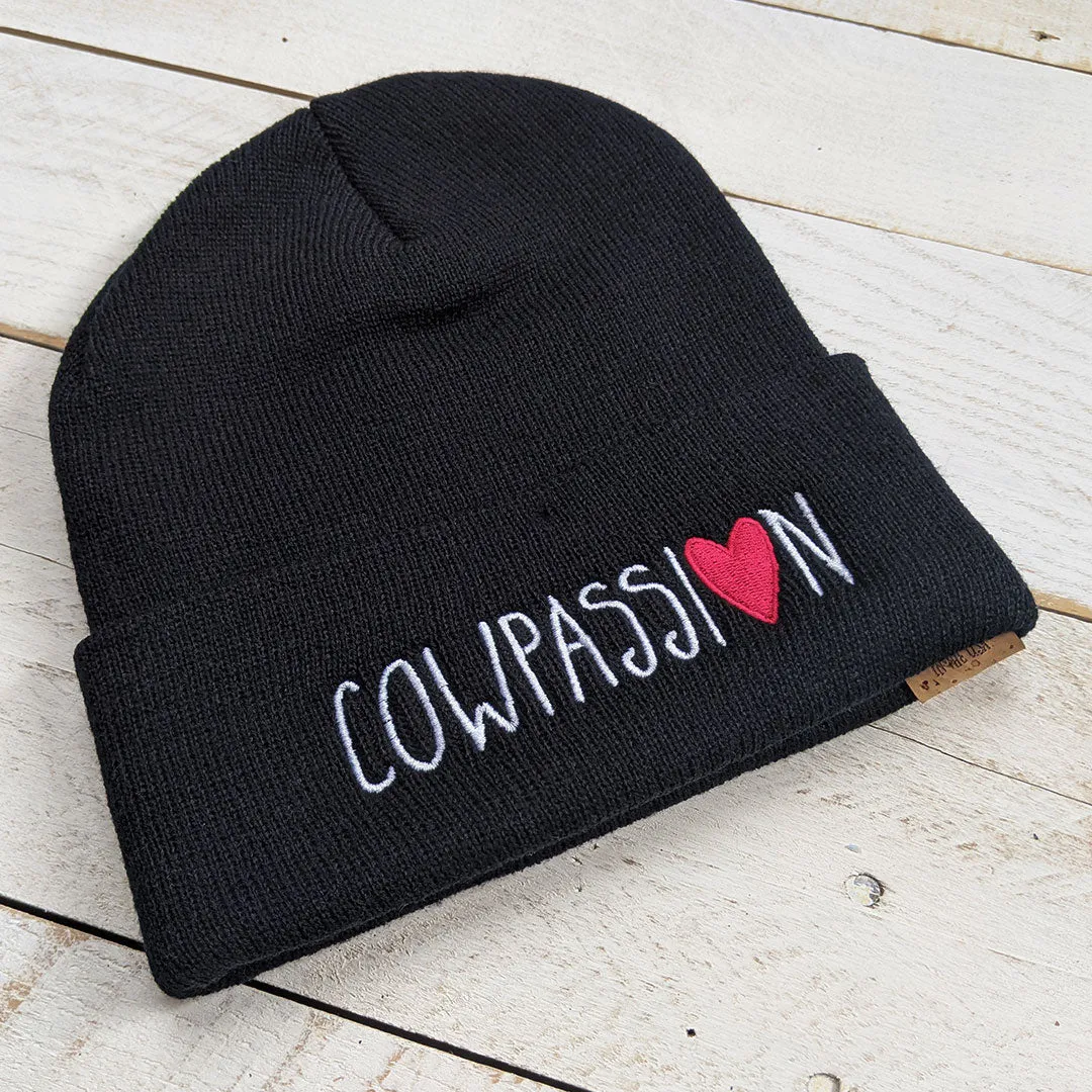 "Live with Cowpassion" Cuffed Beanie Vegan Cow Hat