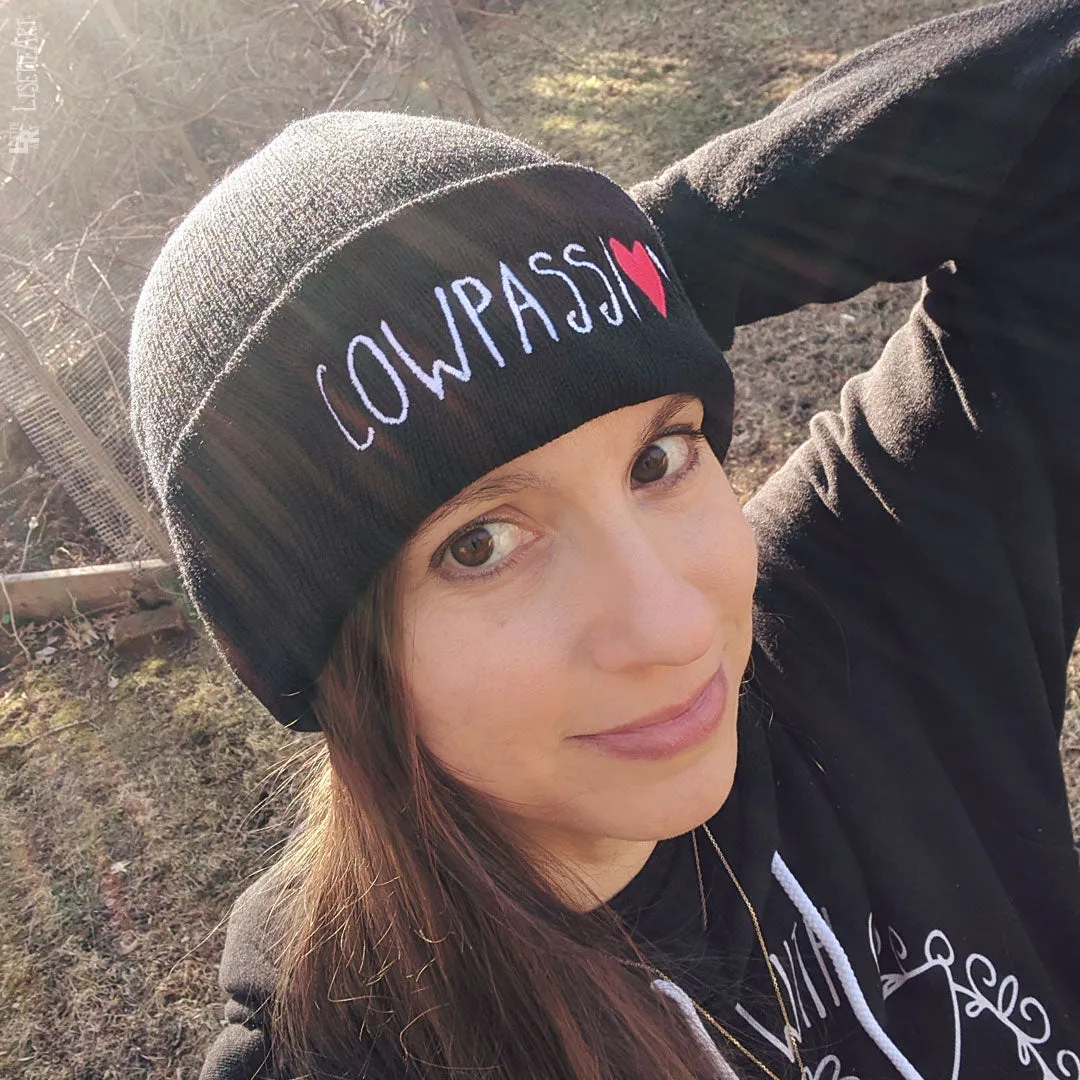 "Live with Cowpassion" Cuffed Beanie Vegan Cow Hat