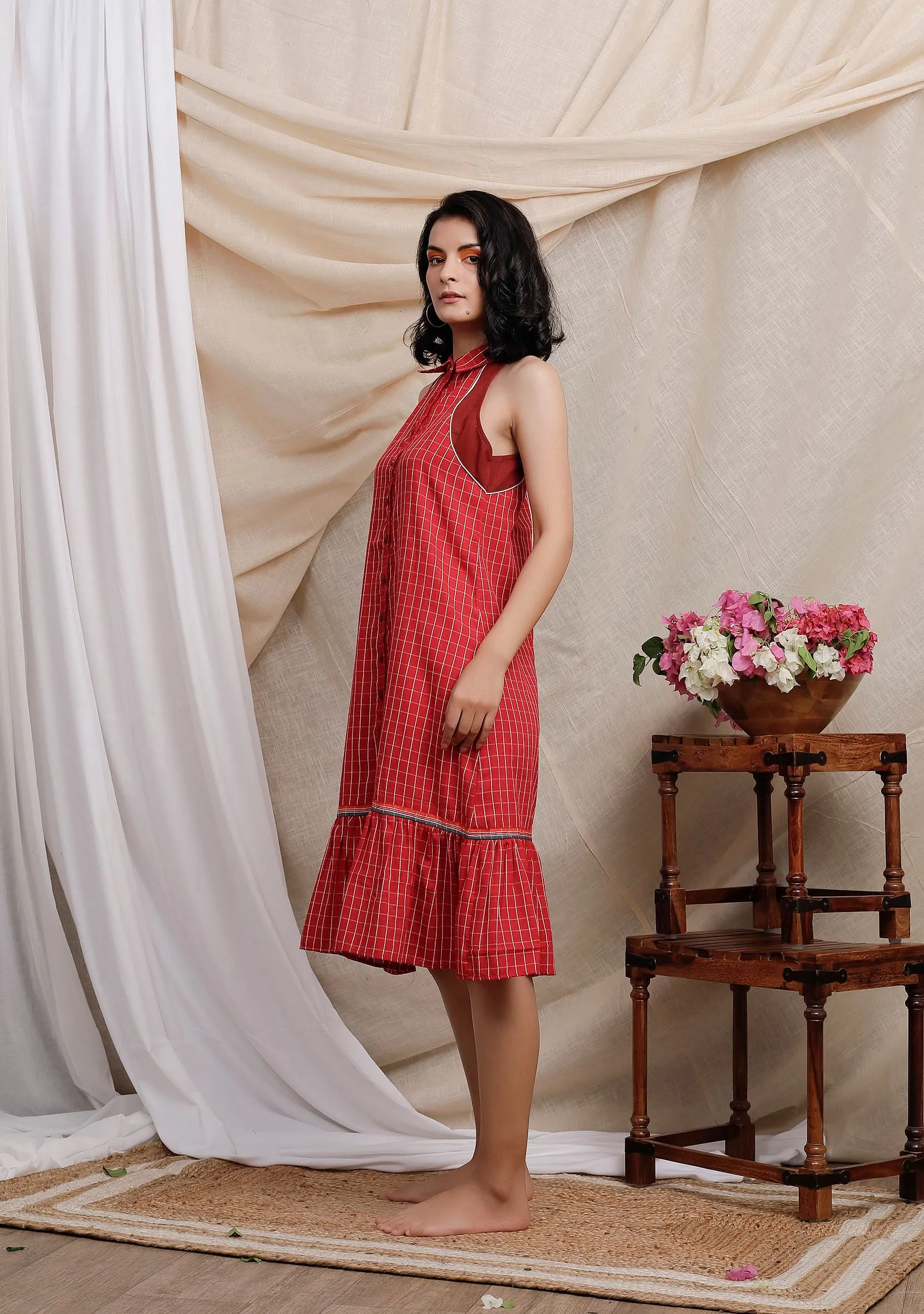 Red Gamcha With Contrast Tier Dress