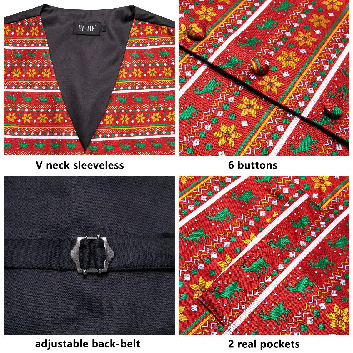 Red Orange Christmas Green Deer Novelty Jacquard Silk Men's Vest Hanky Cufflinks Tie Set