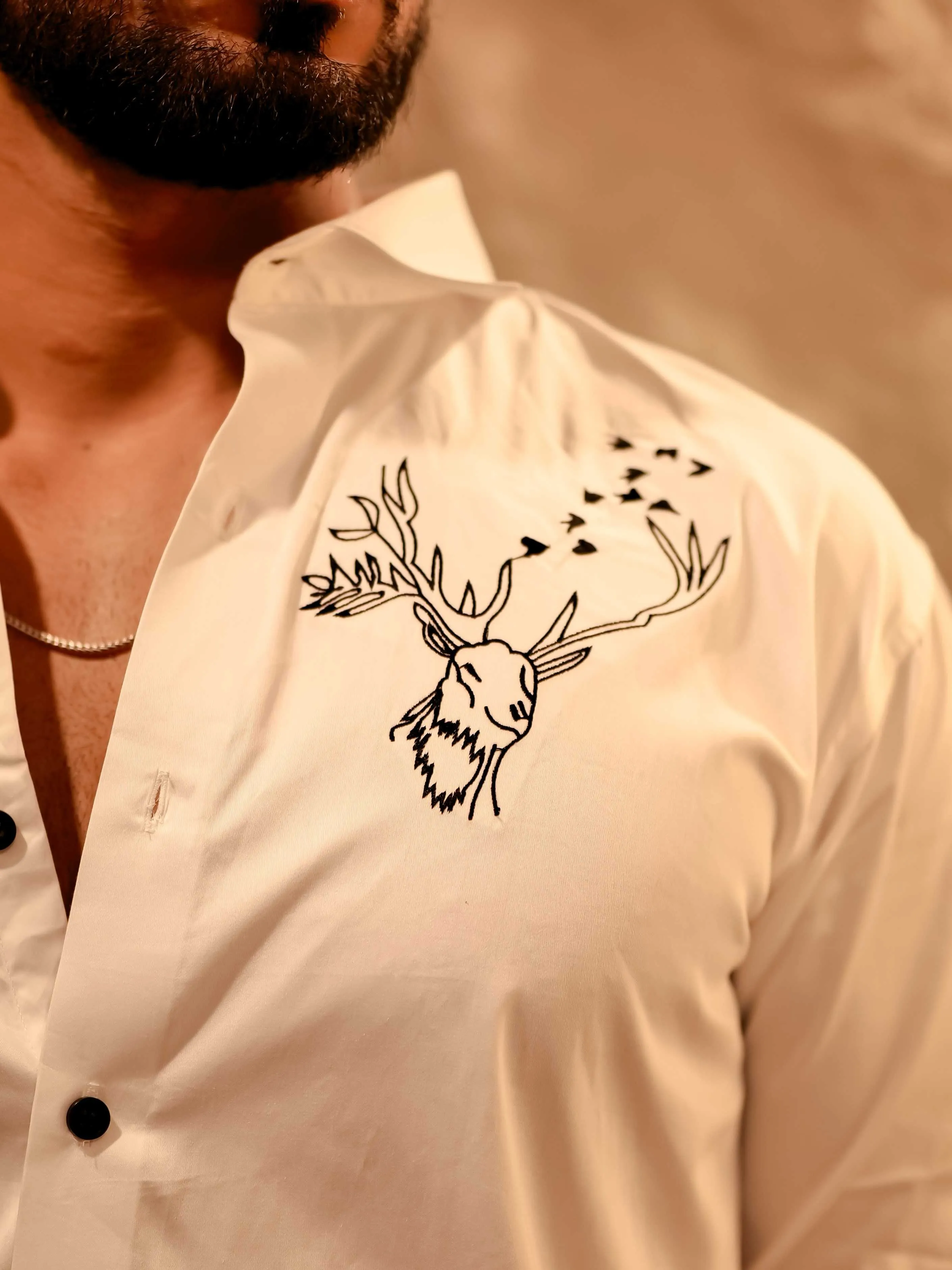 Reindeer Embroidered White Luxury Cotton Shirt